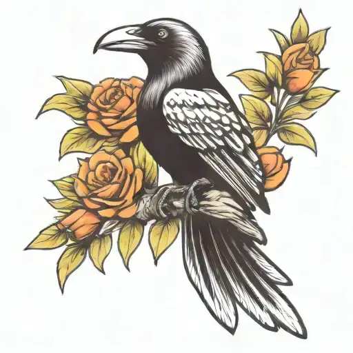 crow and flowers tattoo design idea