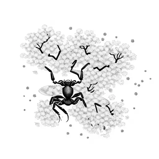 A cherry blossom tree with petals blowing in the wind as a scorpion climbs up from the bottom of the tree trunk surrounded by roses tattoo design idea