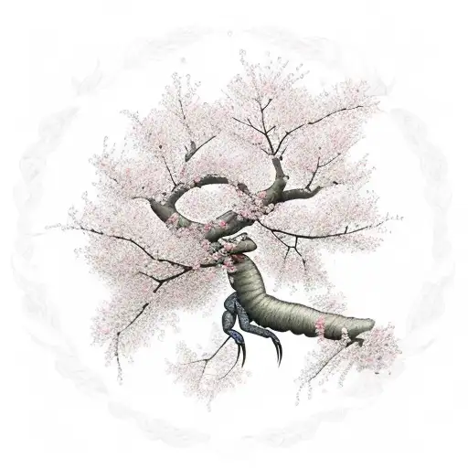 A cherry blossom tree with petals blowing in the wind as a scorpion climbs up from the bottom of the tree trunk surrounded by roses tattoo design idea