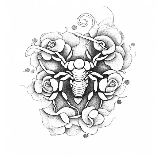 A scorpion made up of cherry blossom petals crawling through a garden of roses with windy swirls tattoo design idea
