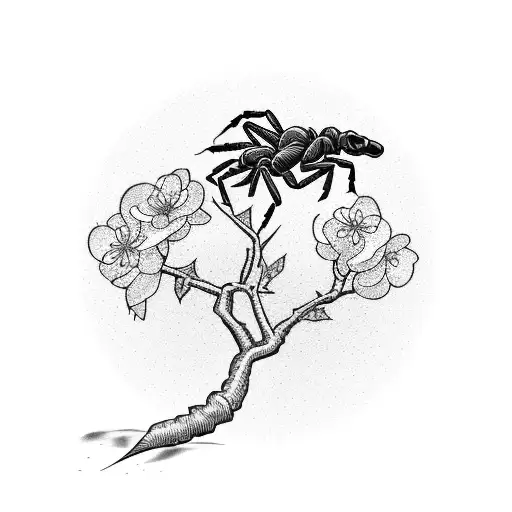 A cherry blossom tree with petals blowing in the wind as a scorpion climbs up from the bottom of the tree trunk surrounded by roses tattoo design idea