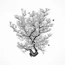 A cherry blossom tree with petals blowing in the wind as a scorpion climbs up from the bottom of the tree trunk surrounded by roses tattoo design idea