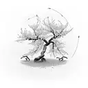 A cherry blossom tree with petals blowing in the wind as a scorpion climbs up from the bottom of the tree trunk surrounded by roses tattoo design idea