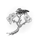 A cherry blossom tree with petals blowing in the wind as a scorpion climbs up from the bottom of the tree trunk surrounded by roses tattoo design idea