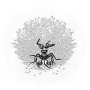 A cherry blossom tree with petals blowing in the wind as a scorpion climbs up from the bottom of the tree trunk surrounded by roses tattoo design idea