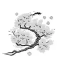 A cherry blossom tree with petals blowing in the wind as a scorpion climbs up from the bottom of the tree trunk surrounded by roses tattoo design idea