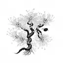 A cherry blossom tree with petals blowing in the wind as a scorpion climbs up from the bottom of the tree trunk surrounded by roses tattoo design idea