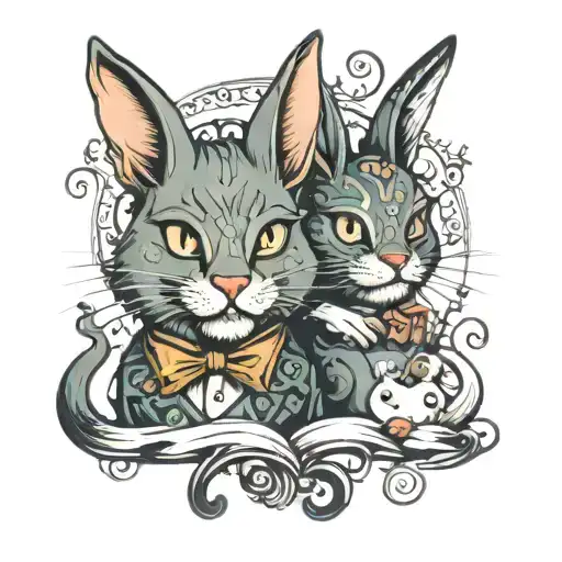 Alice grin cat and rabbit tattoo design idea