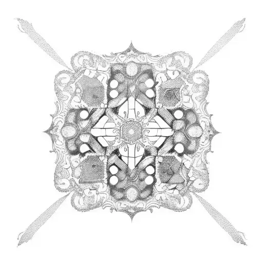 A blackwork design of the Friends apartment building with ornamental details tattoo design idea