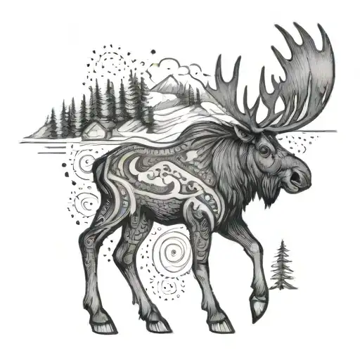 Nordic tattoo design with moose, nordic house and cross country skis tattoo design idea