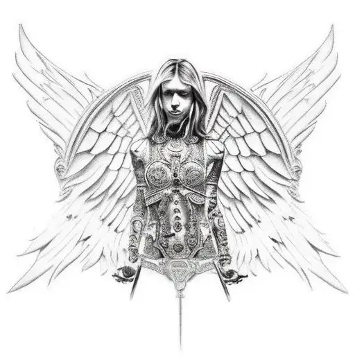 Warrior man with angel wings, with knee on the floor and looking her face down, showing respect and helpfulness tattoo design idea