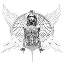 Warrior man with angel wings, with knee on the floor and looking her face down, showing respect and helpfulness tattoo design idea