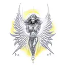 Warrior man with angel wings, with knee on the floor and looking her face down, showing respect and helpfulness tattoo design idea