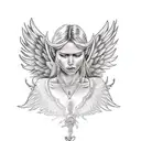 Warrior man with angel wings, with knee on the floor and looking her face down, showing respect and helpfulness tattoo design idea