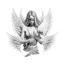 Warrior man with angel wings, with knee on the floor and looking her face down, showing respect and helpfulness tattoo design idea