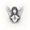 Human with Angel winks, kneeling and looking her face down, showing respect and helpfulness.  tattoo design idea
