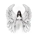 Human with Angel winks, kneeling and looking her face down, showing respect and helpfulness.  tattoo design idea