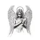Human with Angel winks, kneeling and looking her face down, showing respect and helpfulness.  tattoo design idea