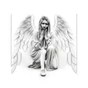 Human with Angel winks, kneeling and looking her face down, showing respect and helpfulness.  tattoo design idea
