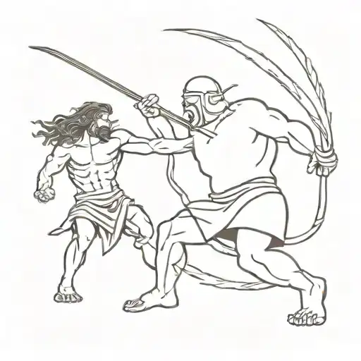 David vs goliath fighting but Goliath is a demon   tattoo design idea
