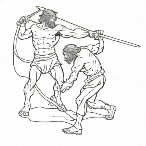 David vs goliath fighting but Goliath is a demon   tattoo design idea