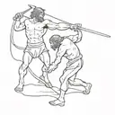 David vs goliath fighting but Goliath is a demon   tattoo design idea