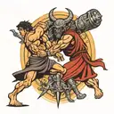 David vs goliath fighting but Goliath is a demon   tattoo design idea