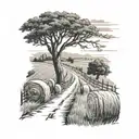 A beautiful country road winding through a field of hay bales, with a hunter in camouflage gear walking alongside, and the name 'Jenna' subtly incorporated into the landscape tattoo design idea