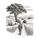 A beautiful country road winding through a field of hay bales, with a hunter in camouflage gear walking alongside, and the name 'Jenna' subtly incorporated into the landscape tattoo design idea