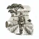 A beautiful country road winding through a field of hay bales, with a hunter in camouflage gear walking alongside, and the name 'Jenna' subtly incorporated into the landscape tattoo design idea