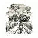A beautiful country road winding through a field of hay bales, with a hunter in camouflage gear walking alongside, and the name 'Jenna' subtly incorporated into the landscape tattoo design idea
