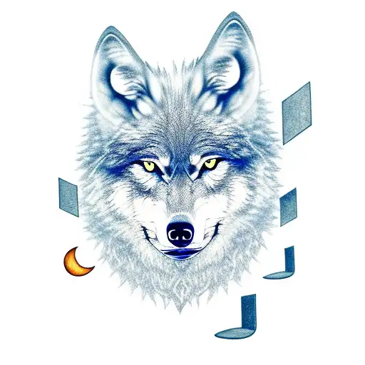 A wolf howling at the moon surrounded by musical notes tattoo design idea
