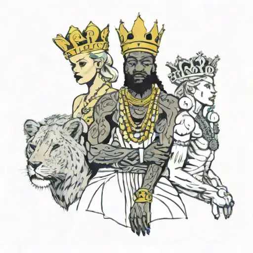 one very slim european blonde queen female in the arms of two muscular big african king males with crowns tattoo design idea