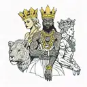 one very slim european blonde queen female in the arms of two muscular big african king males with crowns tattoo design idea