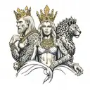 one very slim european blonde queen female in the arms of two muscular big african king males with crowns tattoo design idea