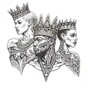 one very slim european blonde queen female in the arms of two muscular big african king males with crowns tattoo design idea