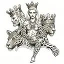 one very slim european blonde queen female in the arms of two muscular big african king males with crowns tattoo design idea