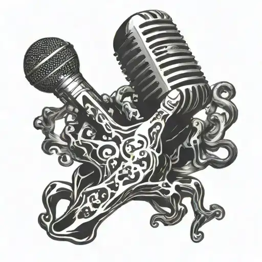 A skeletal hand holding a microphone with dark trap lyrics swirling around it tattoo design idea