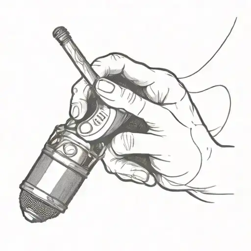 A skeletal hand holding a microphone with dark trap lyrics swirling around it tattoo design idea