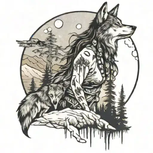 native american women wolf moon forest landscape with a hidden tattoo design idea