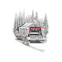 A tattoo design of a music festival in a Canadian forest with rock and roll themed food vendors and casino games tattoo design idea