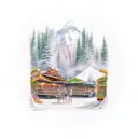 A tattoo design of a music festival in a Canadian forest with rock and roll themed food vendors and casino games tattoo design idea