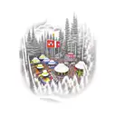 A tattoo design of a music festival in a Canadian forest with rock and roll themed food vendors and casino games tattoo design idea