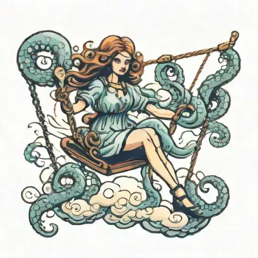 girl swinging in clouds from octopus tentacles  tattoo design idea