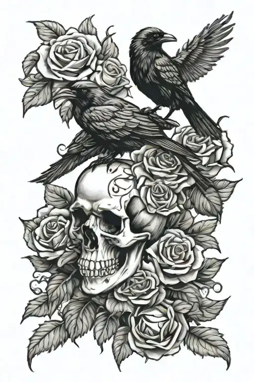 ravens, roses, death, skull, bones tattoo design idea