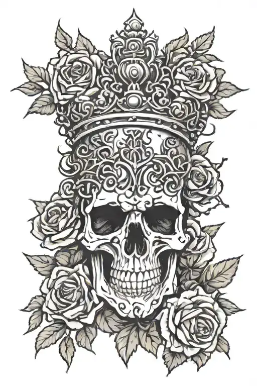 A skull with a crown of thorns surrounded by roses and thorns, symbolizing the hard rock music scene tattoo design idea