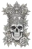 A skull with a crown of thorns surrounded by roses and thorns, symbolizing the hard rock music scene tattoo design idea
