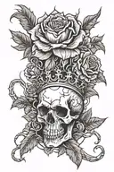 A skull with a crown of thorns surrounded by roses and thorns, symbolizing the hard rock music scene tattoo design idea