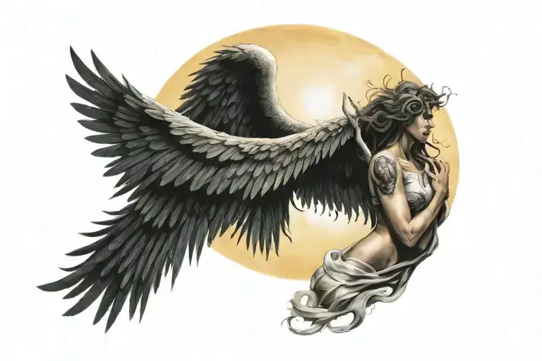 dark angel with a full moon rising tattoo design idea