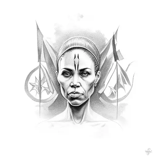 A black and grey portrait of a strong and empowered mujer, symbolizing the client's role as an administrativa and her dedication to her hijos tattoo design idea